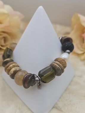 Silpada Retired B2089 Mixed Material Stretch Bracelet Jasper Pearl Sterling